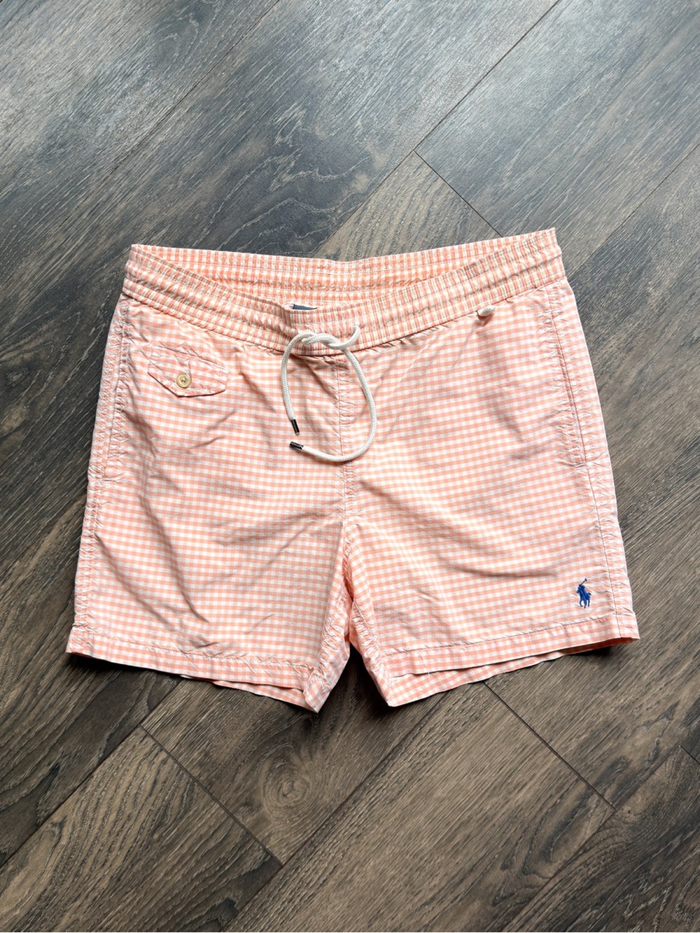 Polo Ralph Lauren Men’s Small Swim Trunks Peach Gingham Check Drawstring Shorts